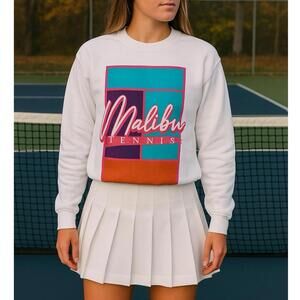 Malibu Tennis Sweatshirt M White Graphic Sporty Colorblock Pullover Retro‎ Style